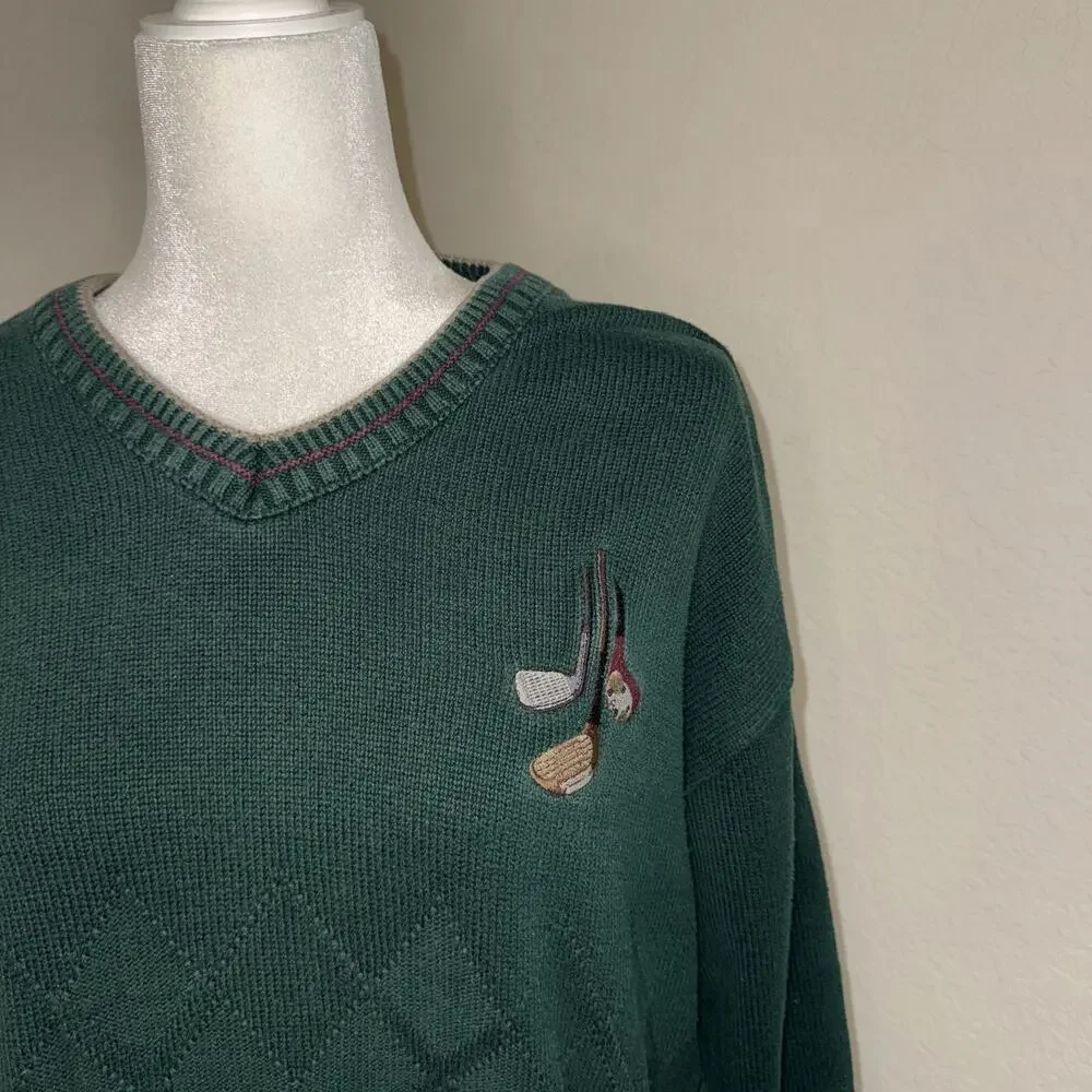 Pinnacle Golf Sweater Mens Large Green Argyle Cotton V-Neck Long Sleeve Pullover